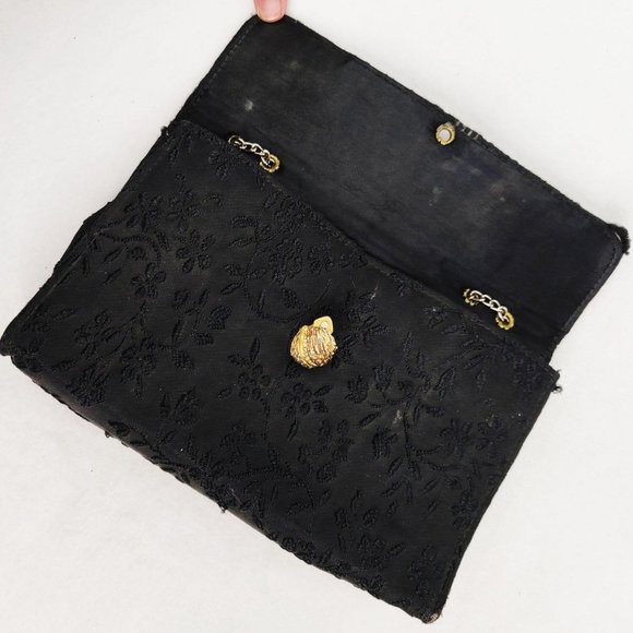 Vintage 1960s MOD Black Brocade Evening Bag Envelope Purse Gold Chain Strap Gem - Picture 2 of 9